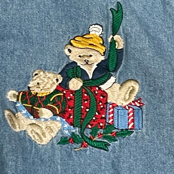 Vtg Quizz Women's 90’s Chambray Christmas ￼ Embroidered ￼Teddy Bear Shirt Size L - Picture 3 of 7
